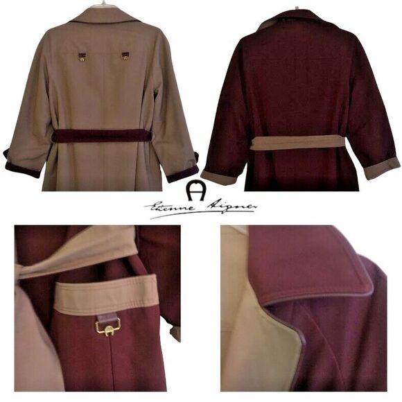 Etienne Aigner Reversible Trench Coat Womens Size 8P Oxblood/Khaki Leather Trim - Picture 4 of 15